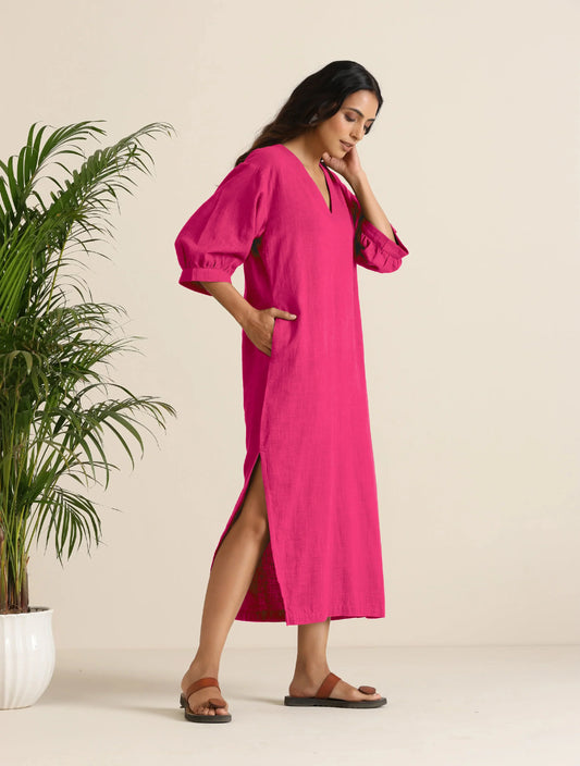 trueBrowns Hot Pink Cotton Blend Long Dress | Swadesiicart