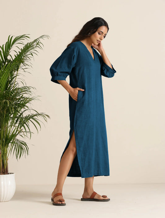 trueBrowns Blue Cotton Blend Long Dress | Swadesiicart