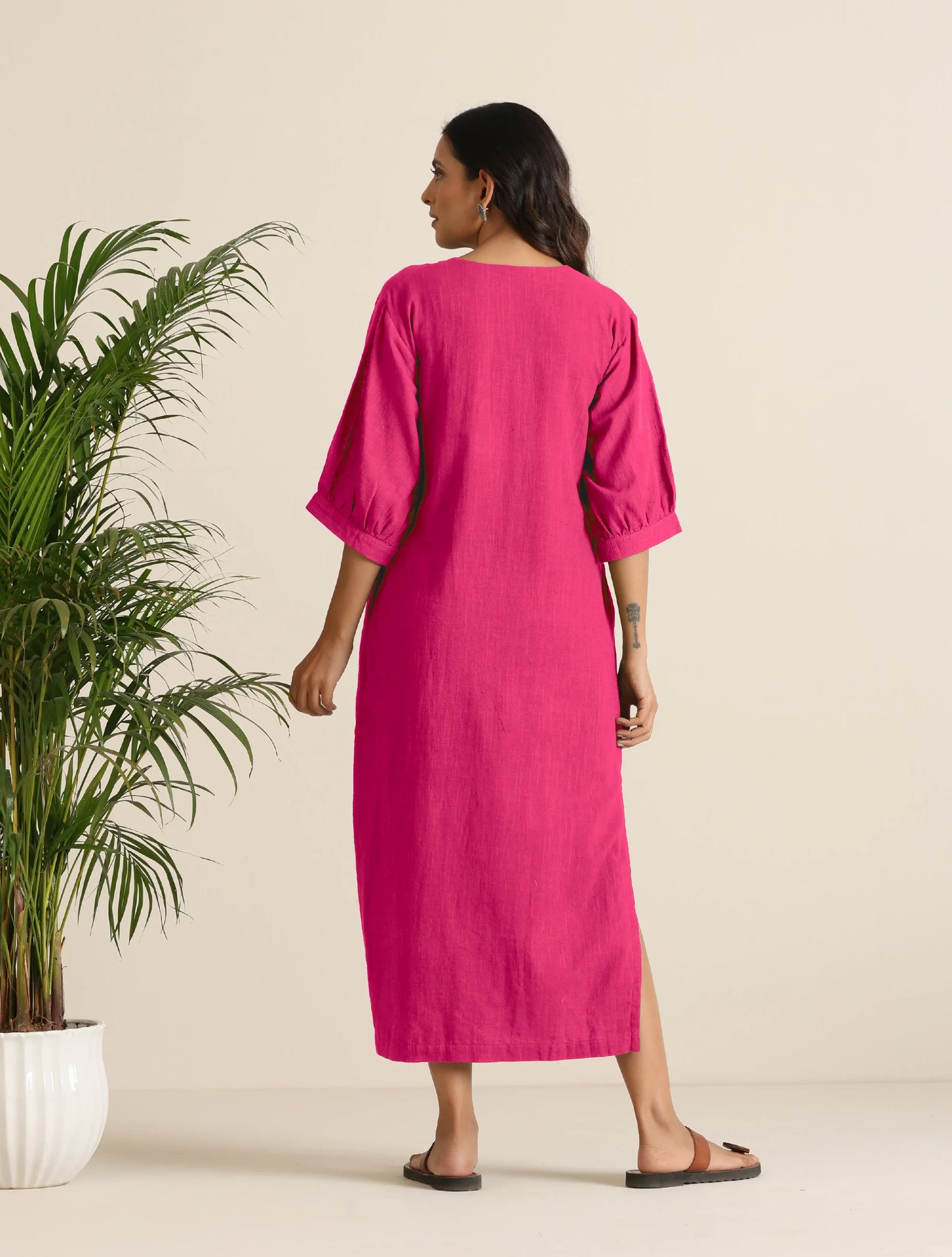 trueBrowns Hot Pink Cotton Blend Long Dress | Swadesiicart