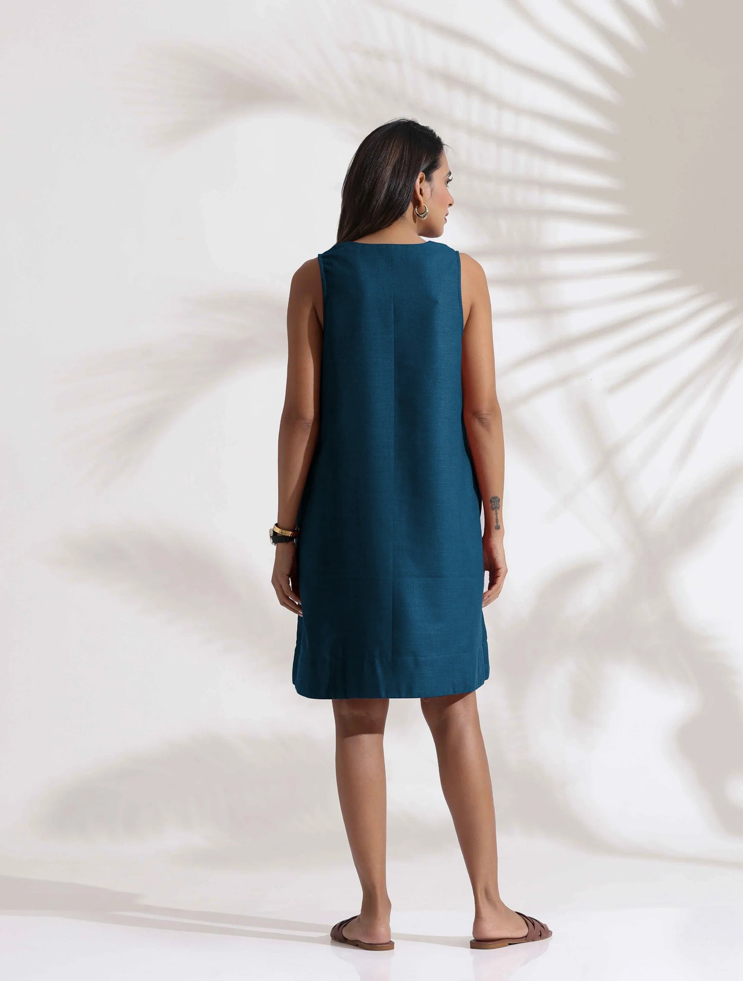 trueBrowns Dark Blue Cotton Blend Short Dress | Swadesiicart