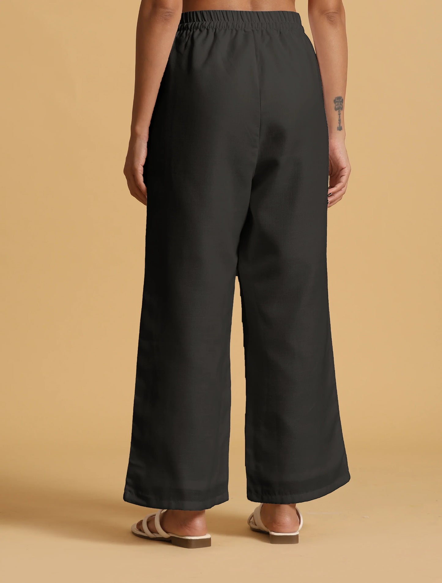 trueBrowns Black Cotton Blend Elasticated Drawstring Straight Pants | Swadesiicart