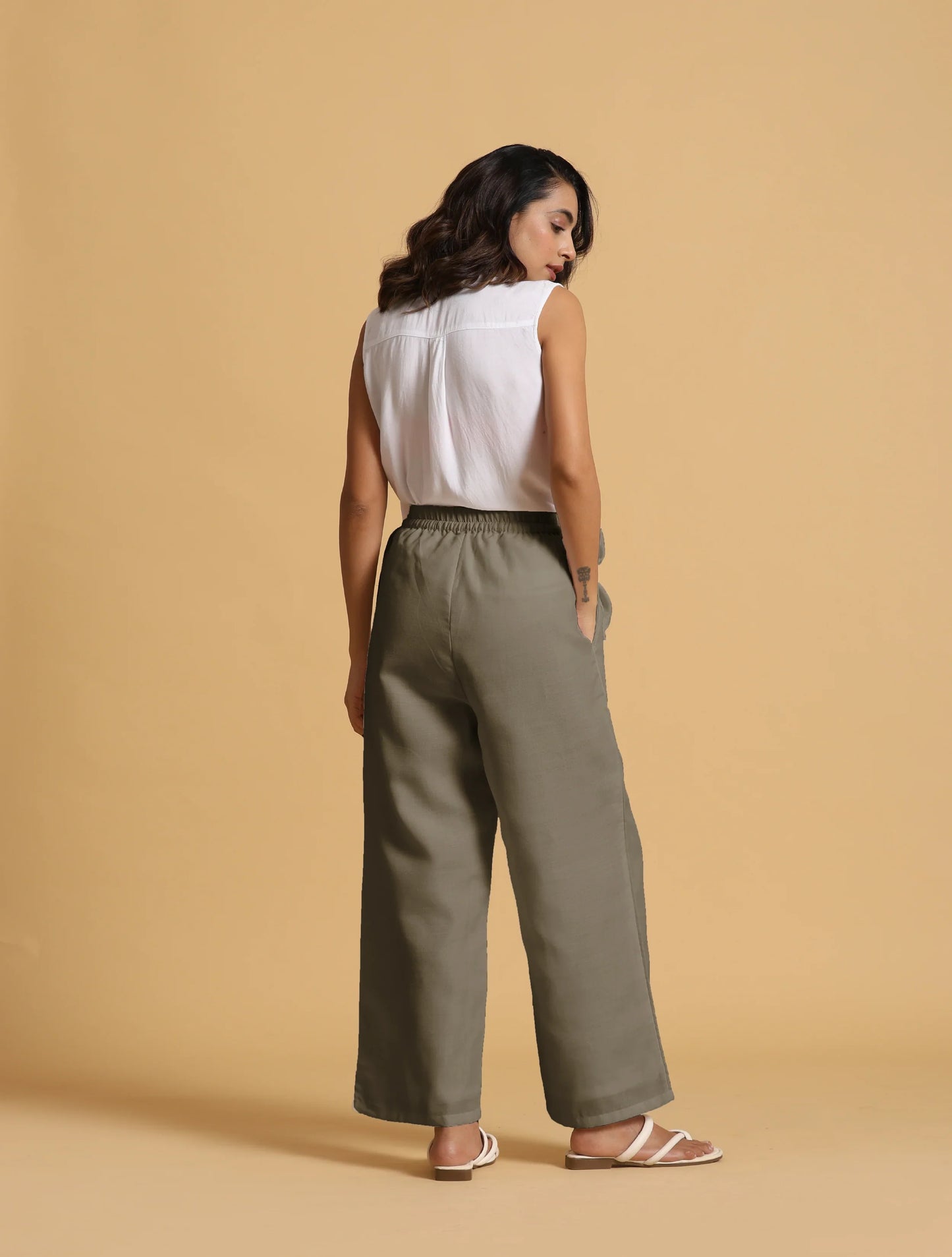 trueBrowns Olive Cotton Blend Elasticated Drawstring Straight Pants | Swadesiicart