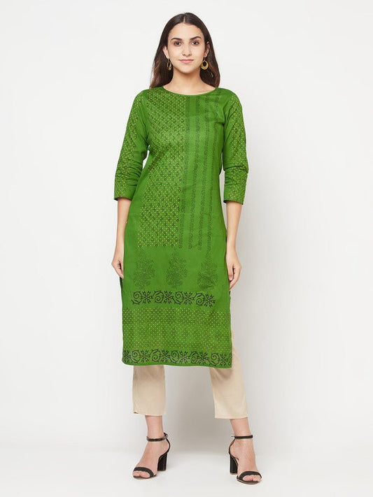 Aniyah Green Cotton Block print straight kurta - Swadesiicart