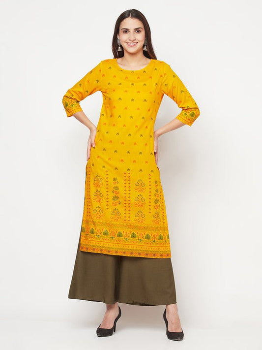 Aniyah Rayon Screen Print Mustard Straight Kurta - Swadesiicart
