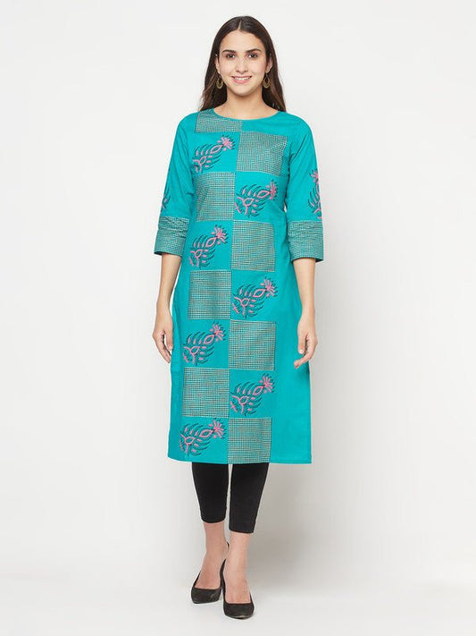 Aniyah Cotton Block Print Turquoise Straight Kurta - Swadesiicart