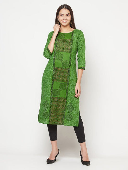 Aniyah Cotton Block Print Green Straight Kurta - Swadesiicart