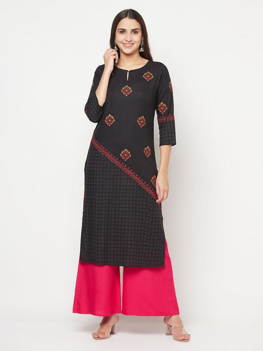Aniyah Rayon Block Print Straight Kurta - Black - Swadesiicart