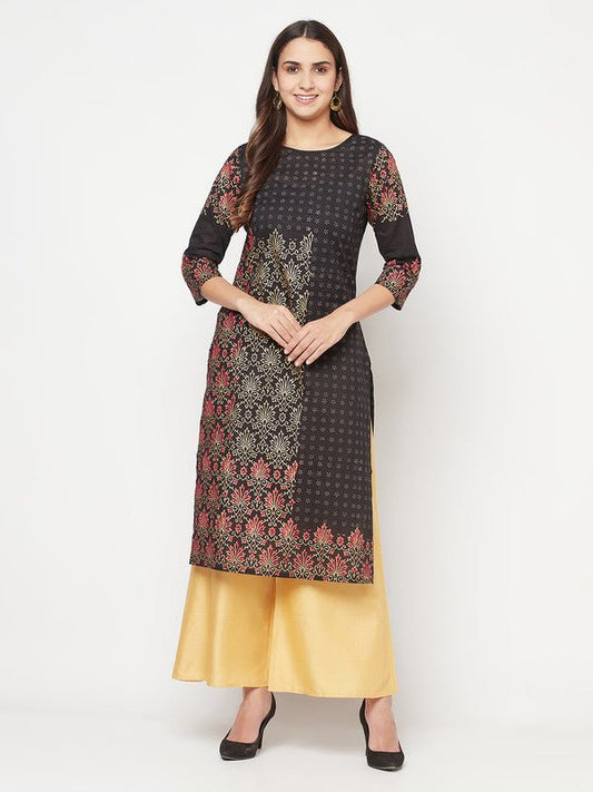 Aniyah Black Color Cotton Block Print Straight Kurta - Swadesiicart