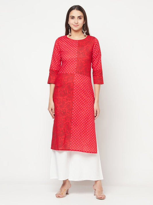 Aniyah Cotton Block Print Red Color Straight Kurta - Swadesiicart