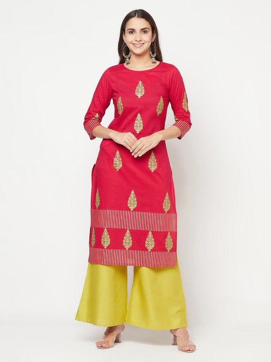 Aniyah Cotton Block Print Fuchsia Color Straight Kurta - Swadesiicart