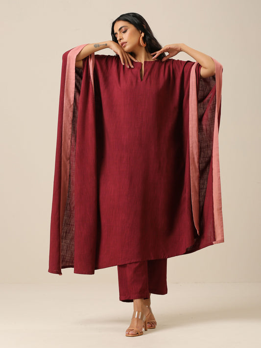 trueBrowns Ruby Wine Slub Texture High Low Kaftan Pant Set | Relove | Swadesiicart