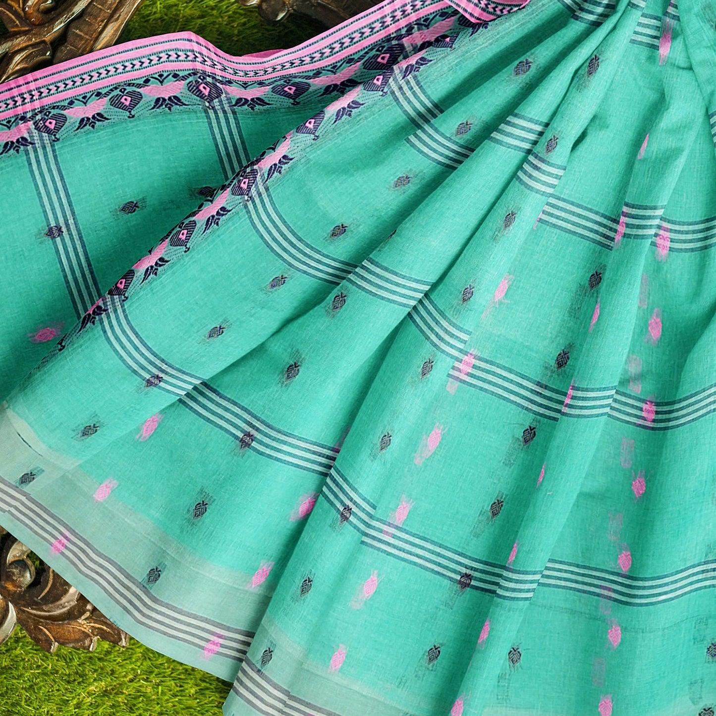 Exclusive Collection 100% Pure Cotton Green Tant Saree With Hand Weaving Work - Swadesiicart