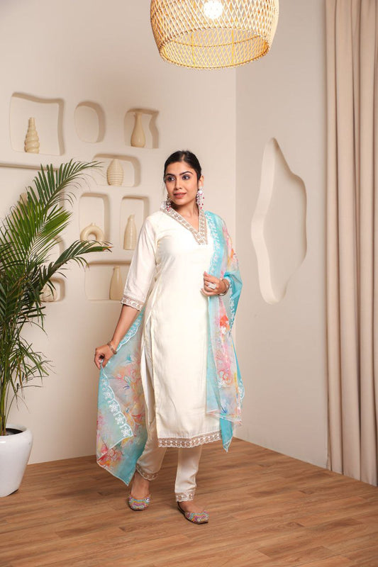 Lorenvalley Offwhite Chanderi Cotton Embroidered Work Kurta Set | Swadesiicart