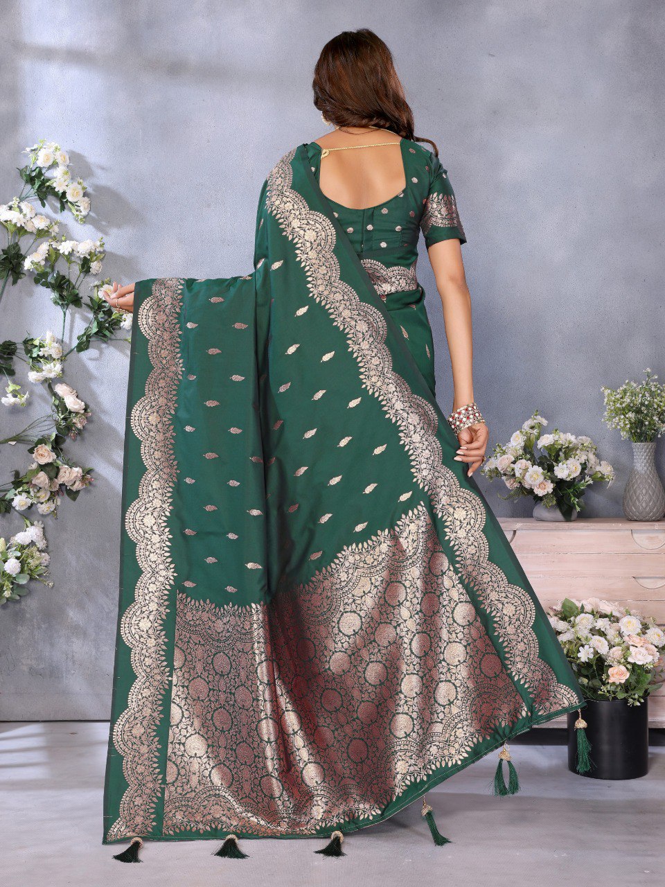 Anaita Dark Green Premium Banarasi Tissue Silk Saree With Gala Weaving Work