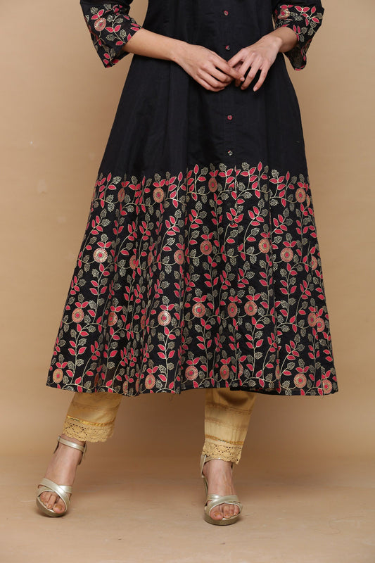 Juniper Women Black Chanderi Silk Printed Anarkali Kurta | Swadesiicart