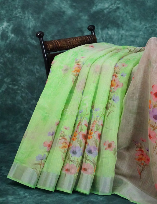 Baby Apple Green Colour Floral Printed Semi Chanderi Saree By Gayathri Reddy Designer Studio | Swadesiicart