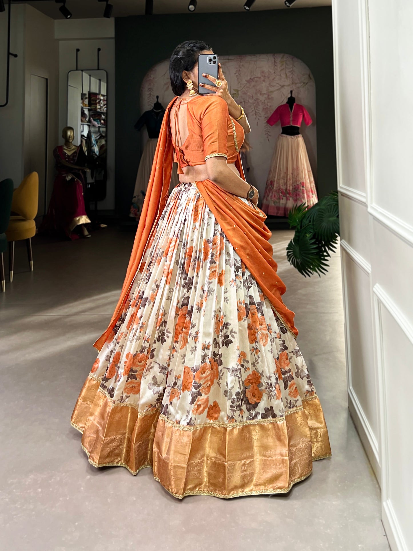 Lorenvalley Orange and White Dola Silk Floral Print And Zari Weaving Work With Lace Touch Up Lehenga Choli | Swadesiicart