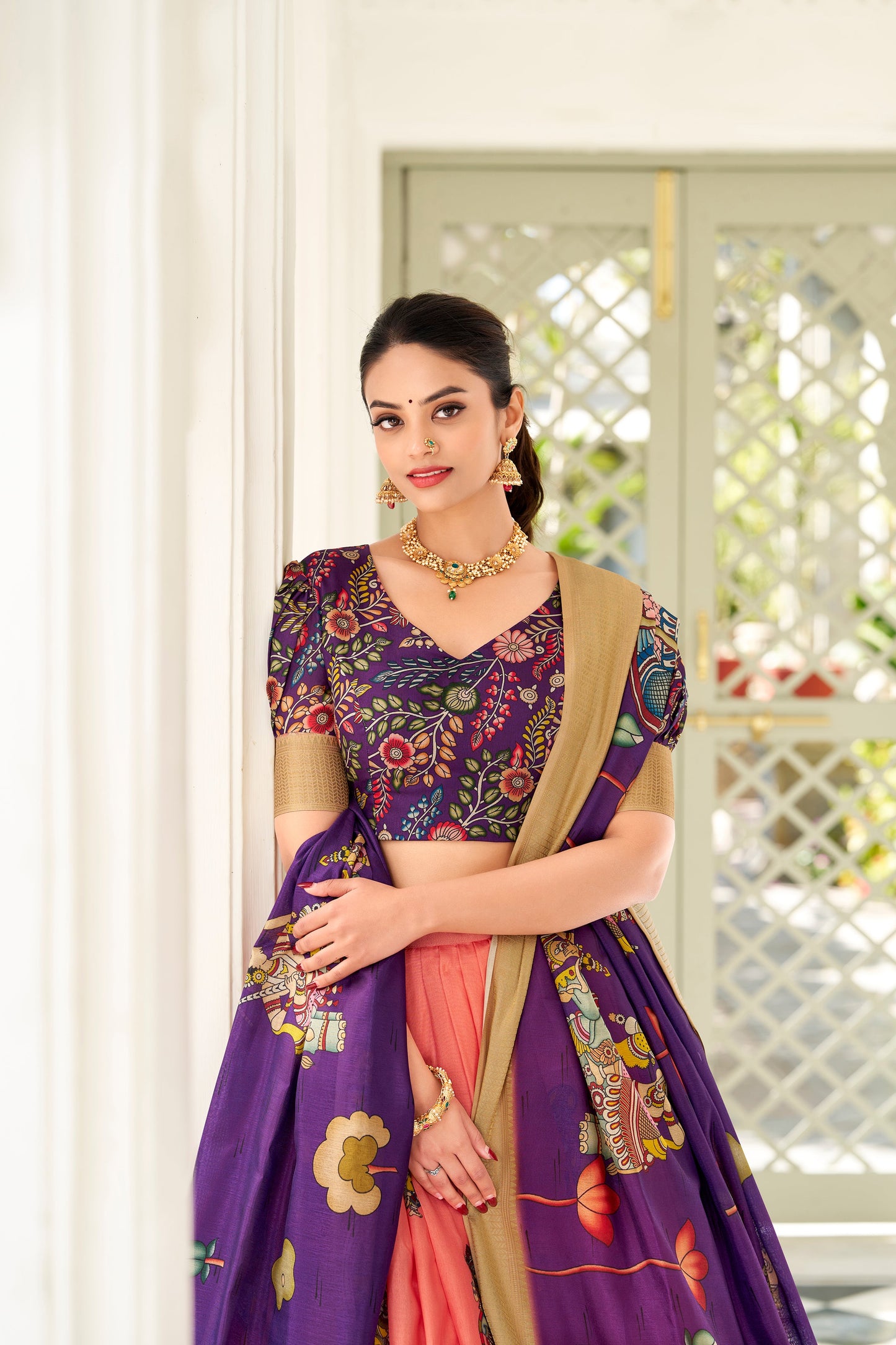 Lorenvalley Peach Dola Silk Kalamkari Print With Weaving Border Lehenga Choli | Swadesiicart