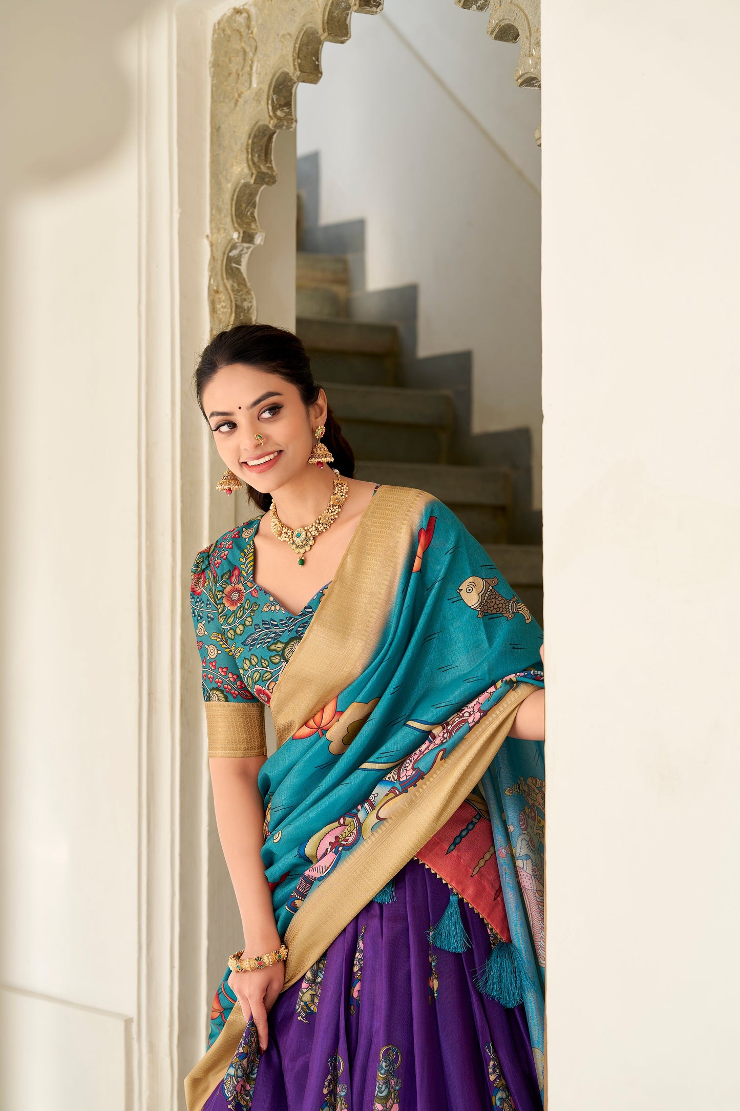 Lorenvalley Purple Dola Silk Kalamkari Print With Weaving Border Lehenga Choli | Swadesiicart