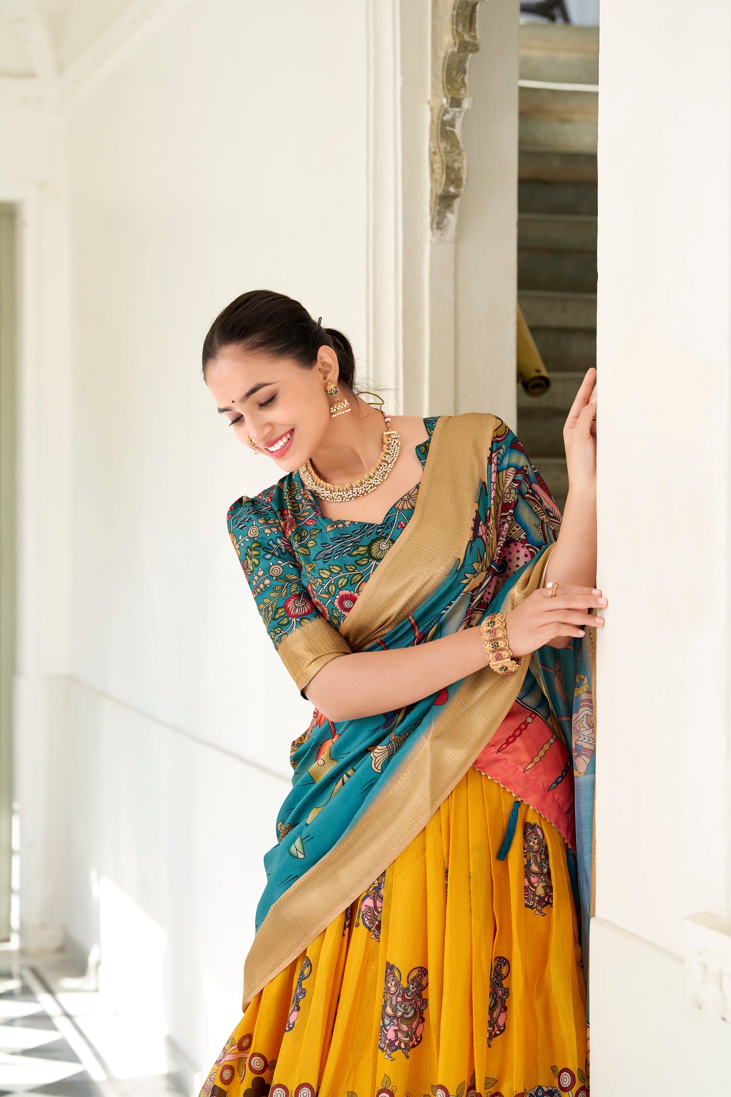 Lorenvalley Yellow Dola Silk Kalamkari Print With Weaving Border Lehenga Choli - Swadesiicart