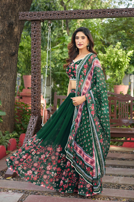 Lorenvalley Fashion Green Georgette Digital Printed Lehenga Choli with Dupatta - Swadesiicart
