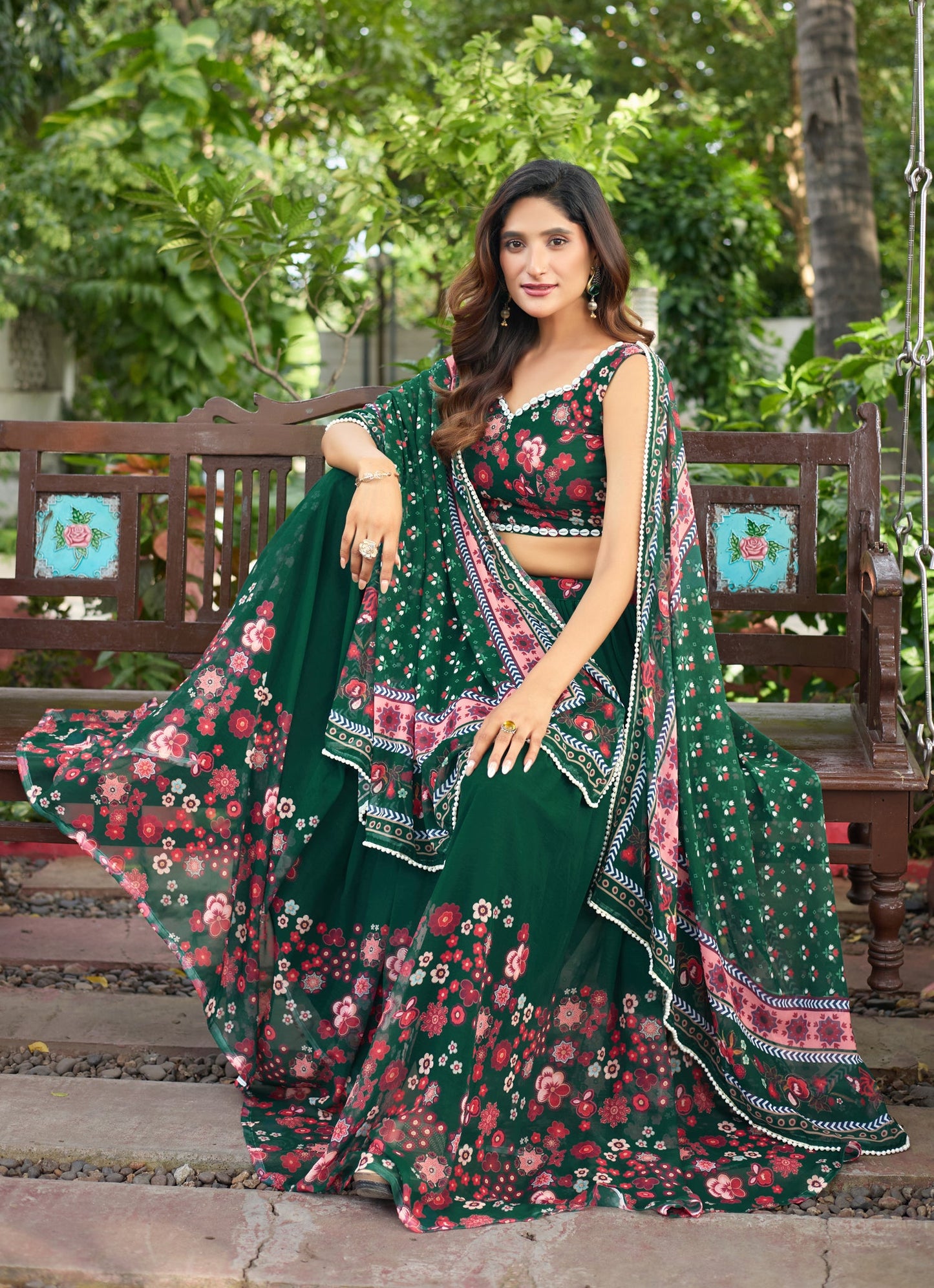Lorenvalley Fashion Green Georgette Digital Printed Lehenga Choli with Dupatta - Swadesiicart