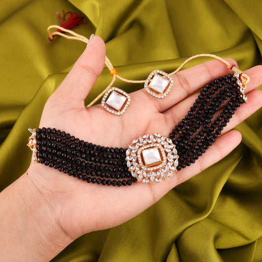 Tehzeeb Creations Brass Gold-Polished Gold, Black, White Jewel Set - Swadesiicart