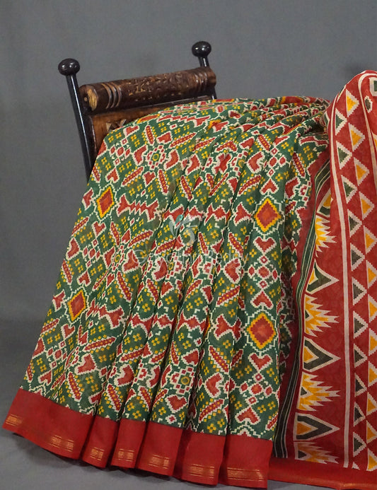 Dark Leaf Green And Red Colour Patola Print Semi Chanderi Saree By Gayathri Reddy Designer Studio | Swadesiicart