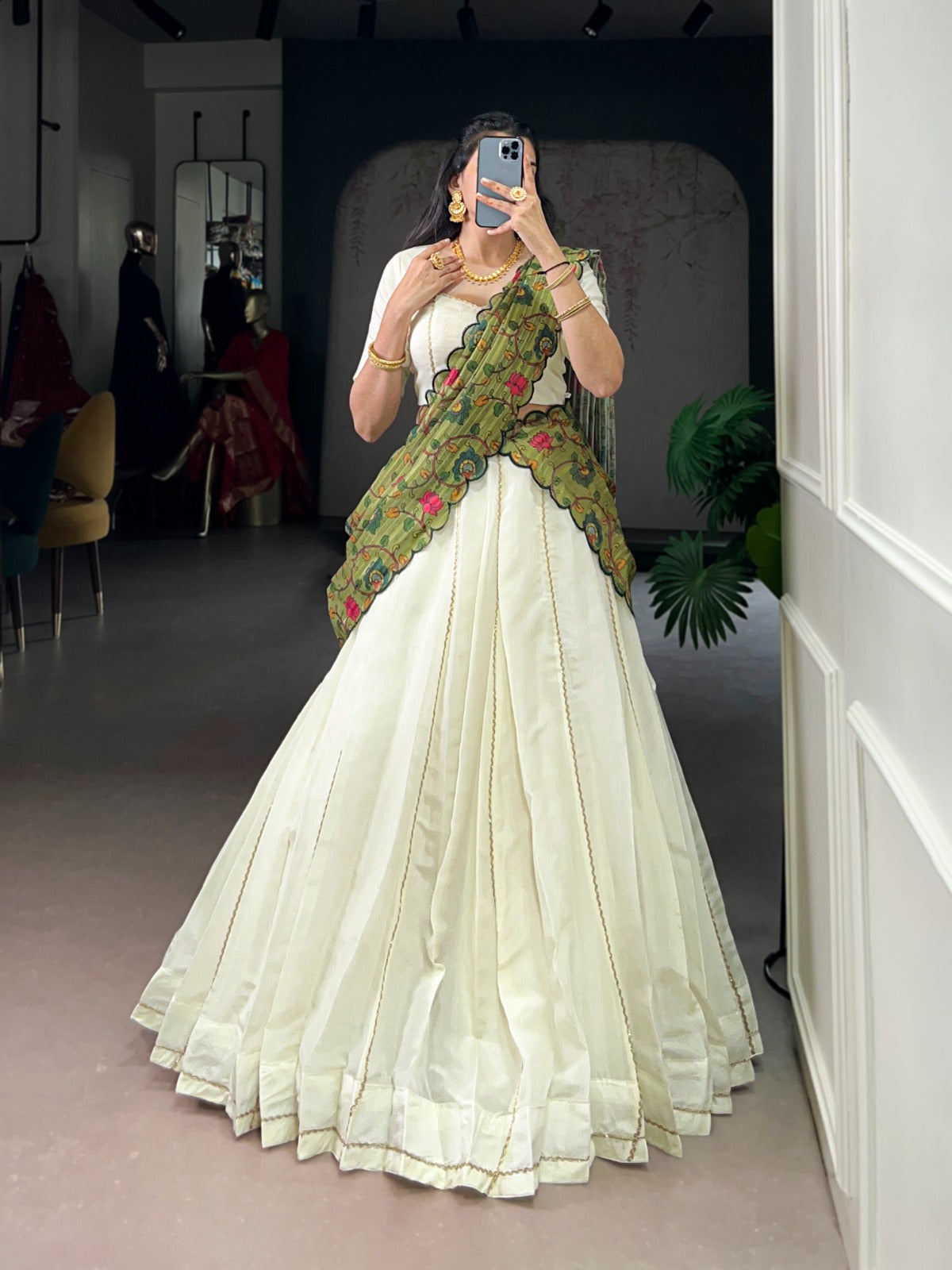 Lorenvalley Fashion Off White New Crush Plain with Laser Touch Up Lehenga Choli with Dupatta - Swadesiicart
