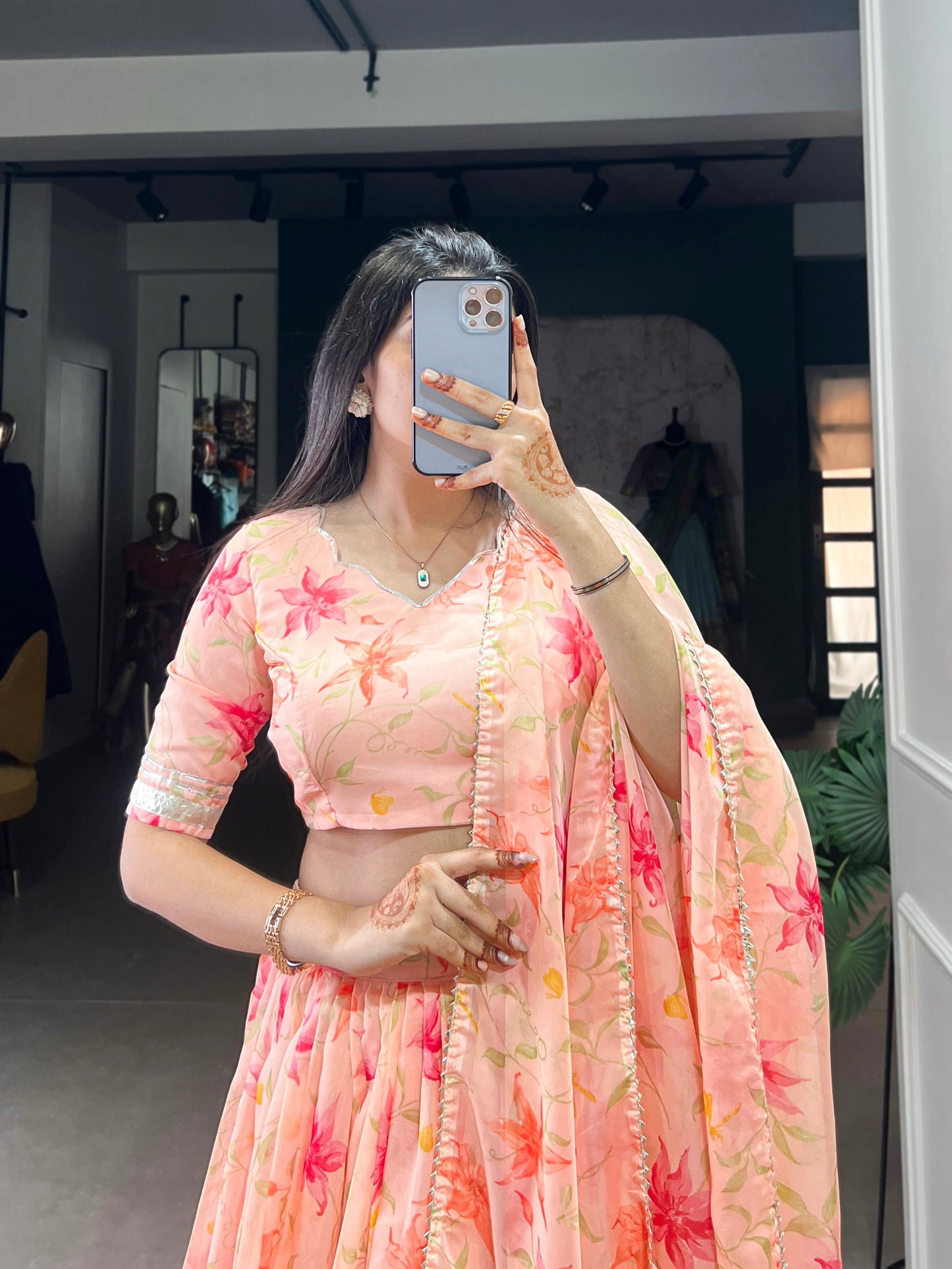 Lorenvalley Peach Tabby Silk Floral Print With Lace Touch Up Lehenga Choli with Dupatta | Swadesiicart