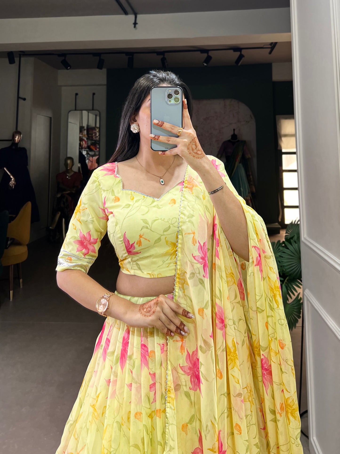 Lorenvalley Yellow Tabby Silk Floral Print With Lace Touch Up Lehenga Choli with Dupatta | Swadesiicart