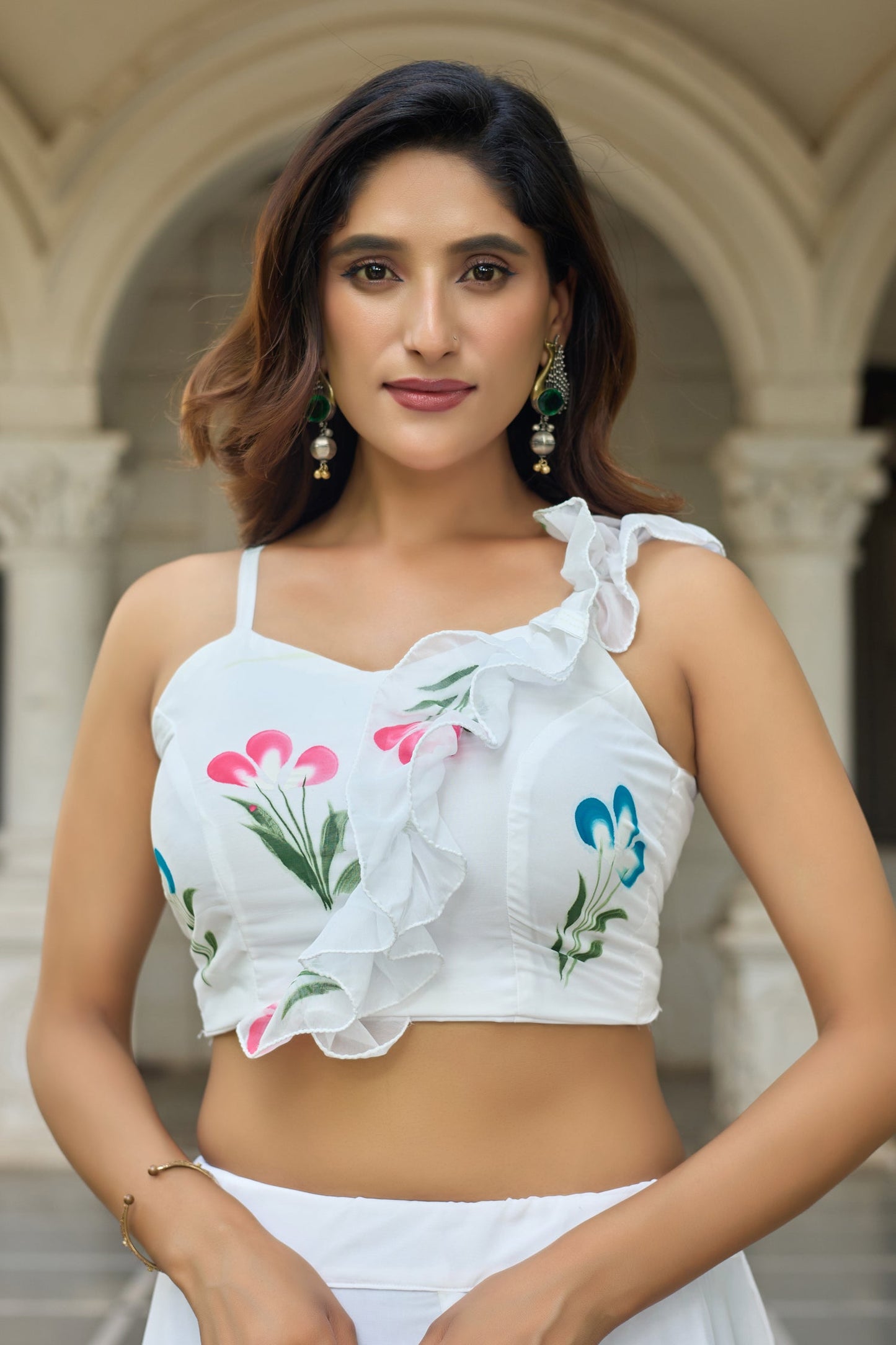 Lorenvalley Fashion White Georgette with Hand-painted Floral Design Lehenga Choli with Dupatta - Swadesiicart