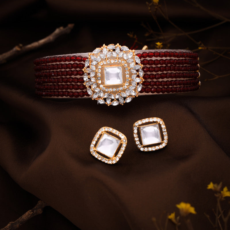 Tehzeeb Creations Brass Gold-Polished Gold, Maroon, White Jewel Set - Swadesiicart