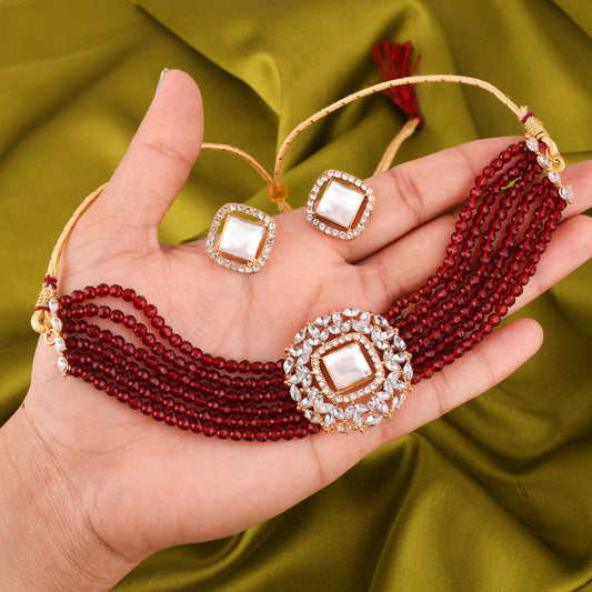 Tehzeeb Creations Brass Gold-Polished Gold, Maroon, White Jewel Set - Swadesiicart