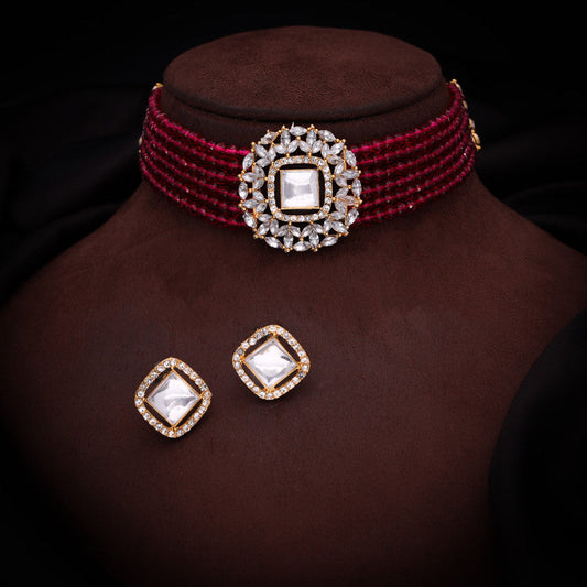 Tehzeeb Creations Brass Gold-Polished Gold, Red, White Jewel Set - Swadesiicart