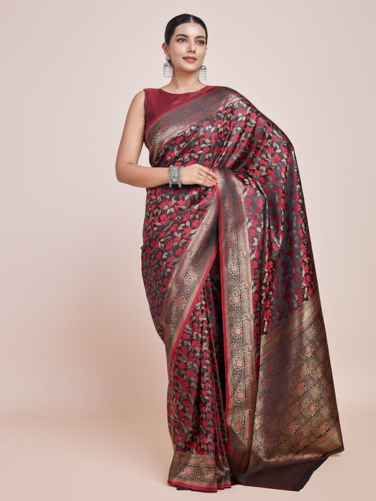 Monjolika Fashion Banarasi Satin Silk Maroon Weaving Designer Saree | Swadesiicart