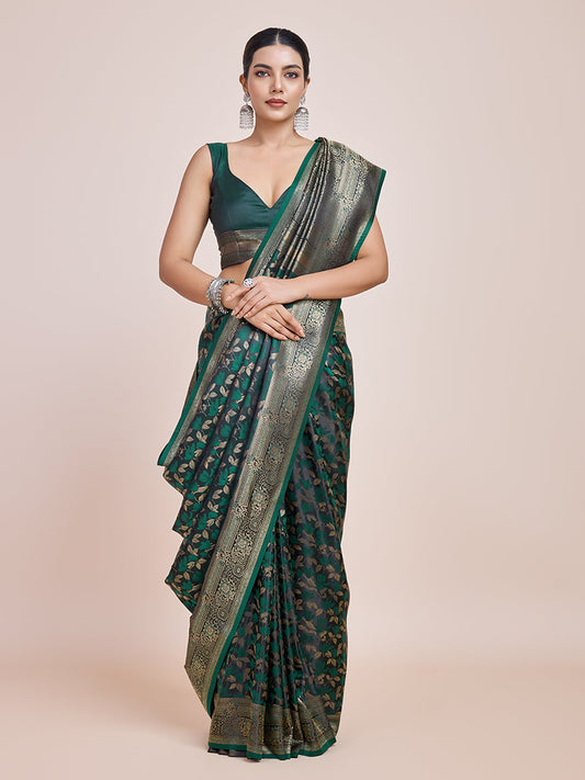 Monjolika Fashion Banarasi Satin Silk Dark Green Weaving Designer Saree | Swadesiicart