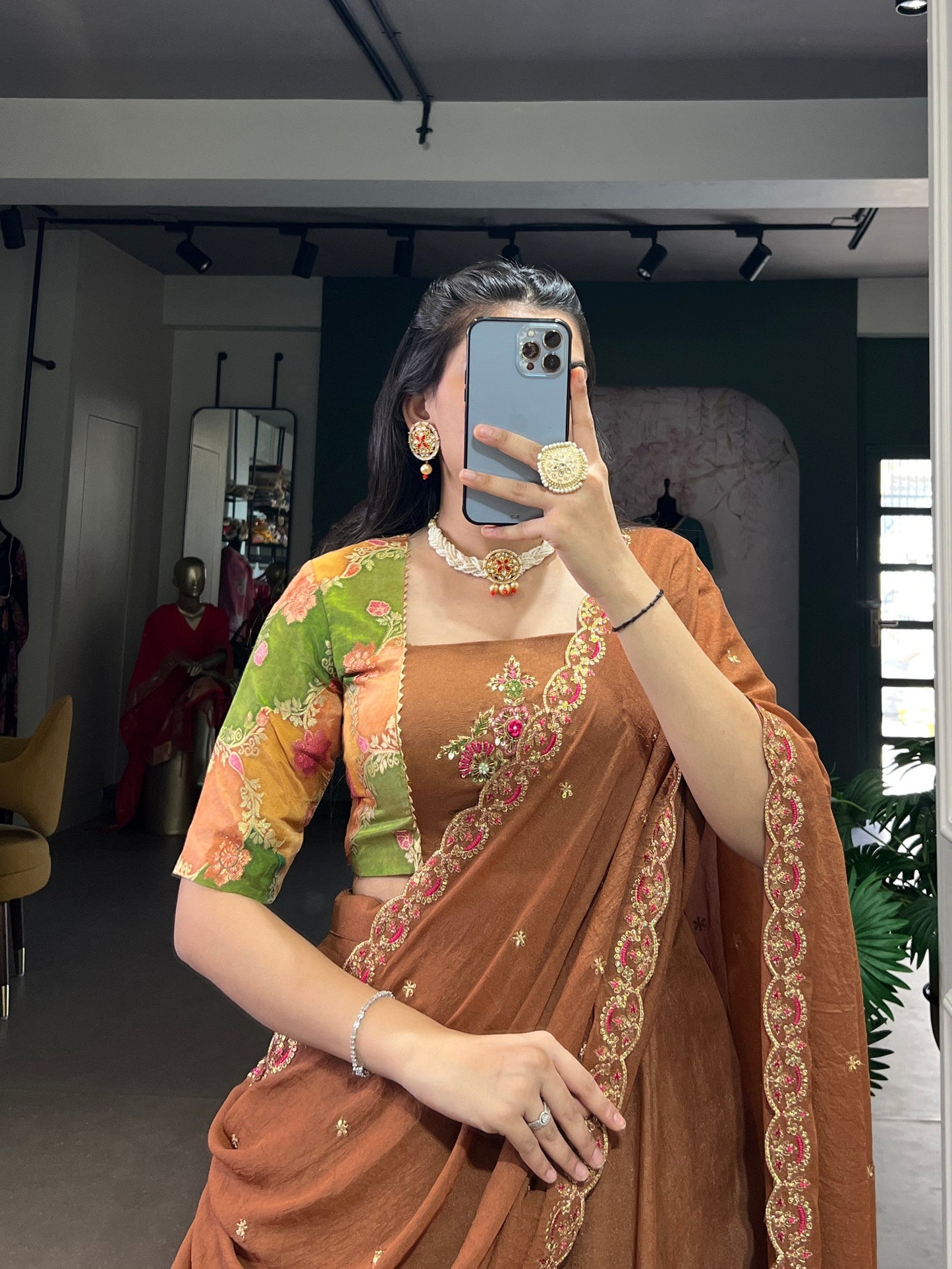 Lorenvalley Fashion Brown Crushed Silk Plain Lehenga Choli with Dupatta - Swadesiicart
