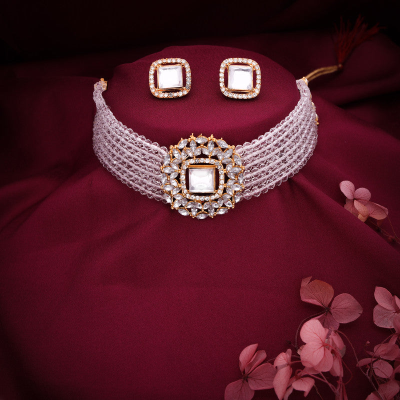 Tehzeeb Creations Brass Gold-Polished Gold, White, White Jewel Set - Swadesiicart
