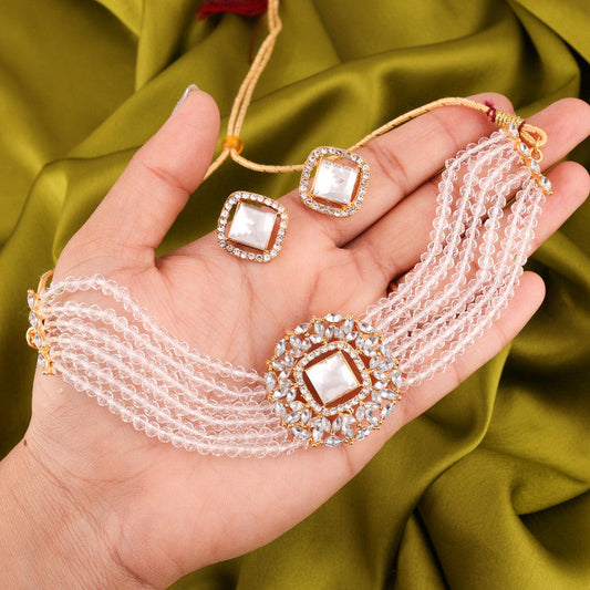 Tehzeeb Creations Brass Gold-Polished Gold, White, White Jewel Set - Swadesiicart
