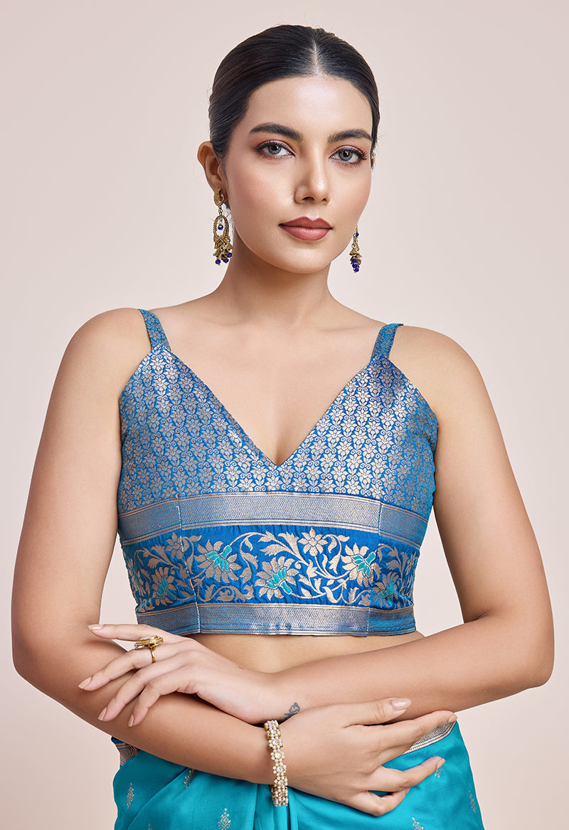 Monjolika Fashion Sky Blue Banarasi Silk In Satin Is Classy Embellished With Golden Zari Work Saree | Swadesiicart