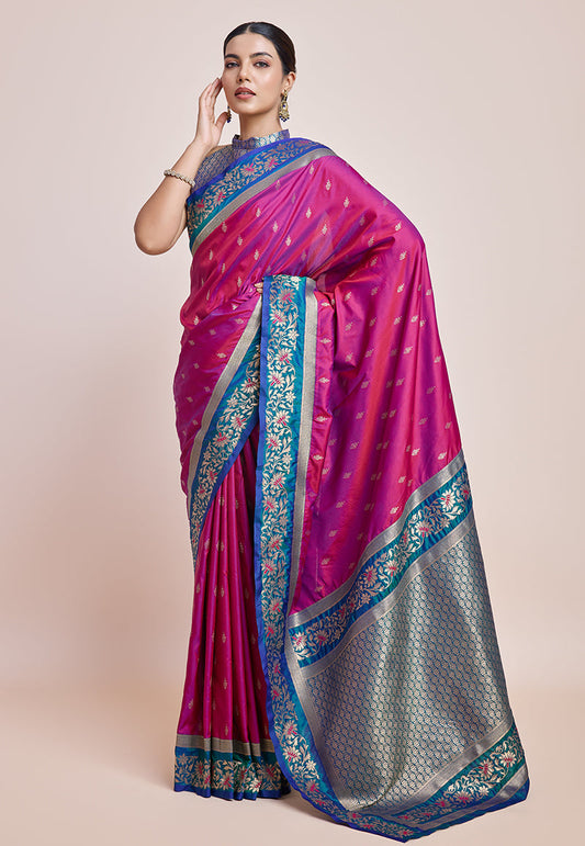 Monjolika Fashion Magenta Banarasi Silk In Satin Is Classy Embellished With Golden Zari Work Saree | Swadesiicart