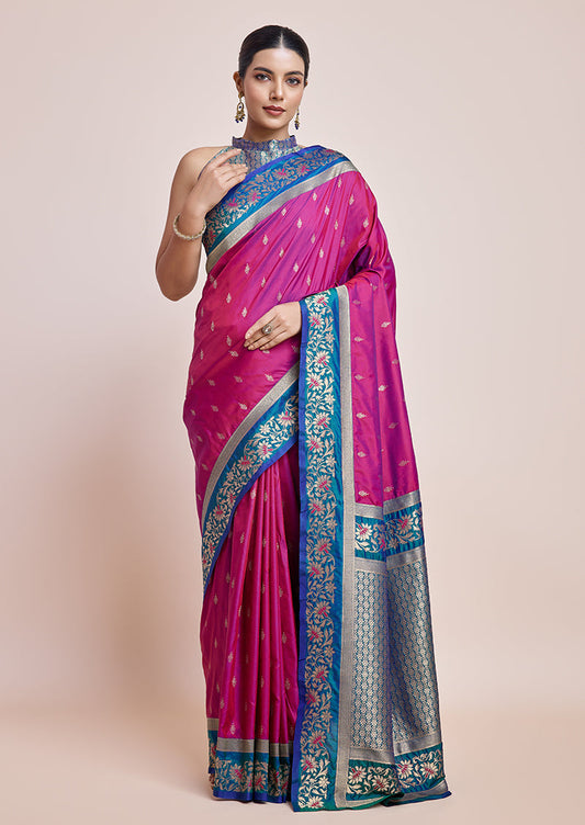 Monjolika Fashion Magenta Banarasi Silk In Satin Is Classy Embellished With Golden Zari Work Saree | Swadesiicart