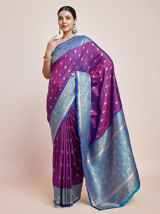 Monjolika Fashion Exquisite Designs With This Purple Banarasi Satin Silk Saree | Swadesiicart