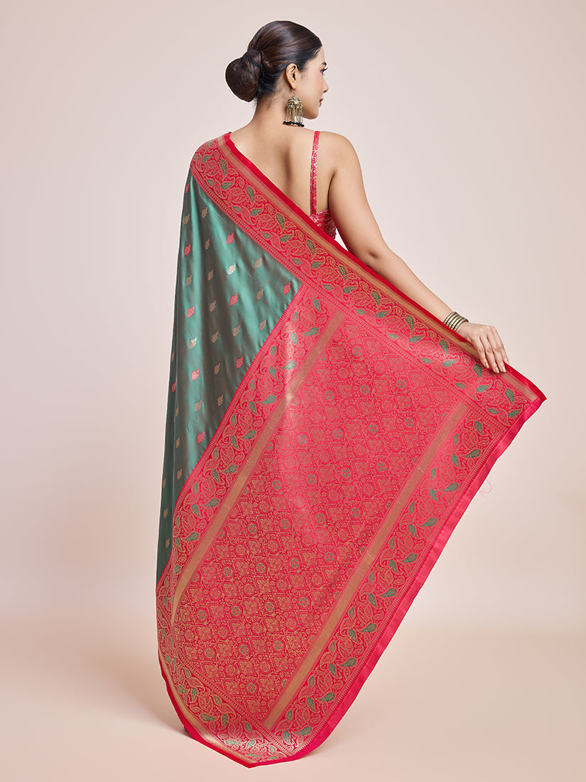 Monjolika Fashion Exquisite Designs With This Green Banarasi Satin Silk Saree | Swadesiicart