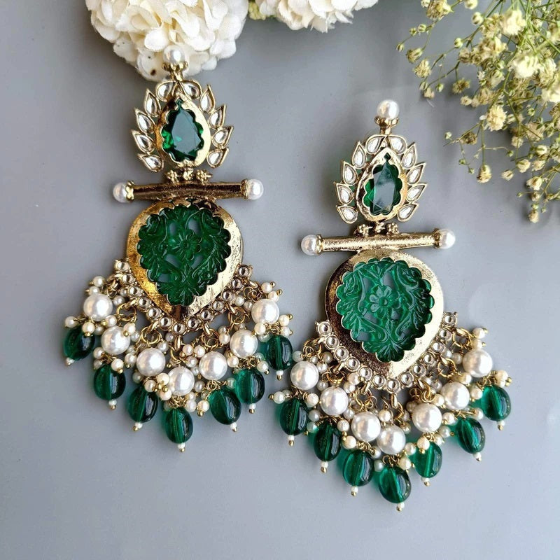 Tehzeeb Creations Latest Gold Polish Kundan & Pearl Studded Designer Drop Long Earrings For Women And Girls Green | Swadesiicart