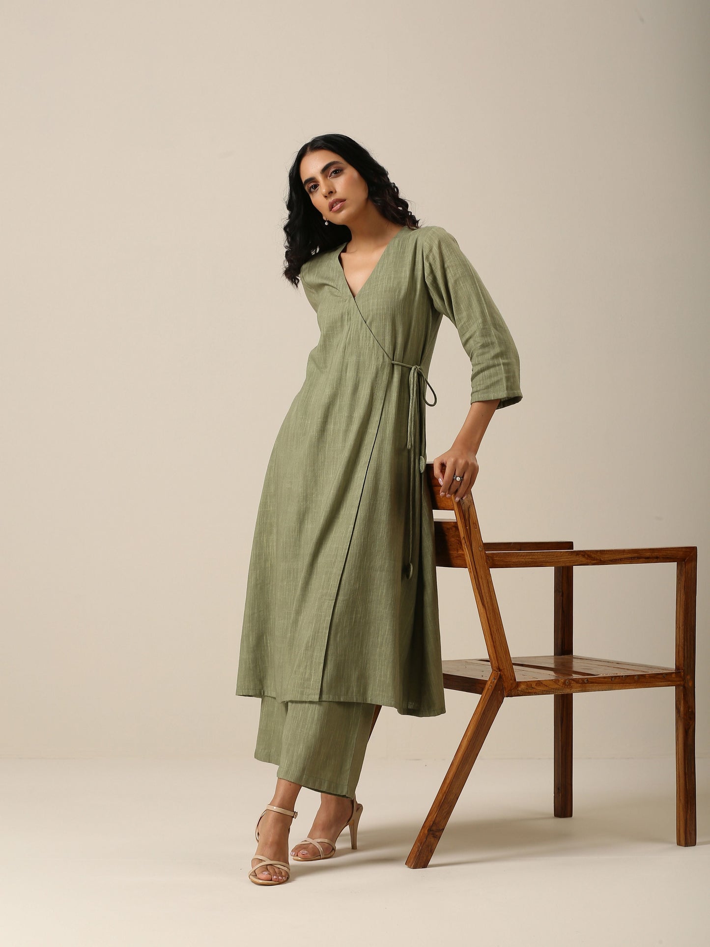 trueBrowns Sage Slub Texture Angrakha Pant Set | Swadesiicart