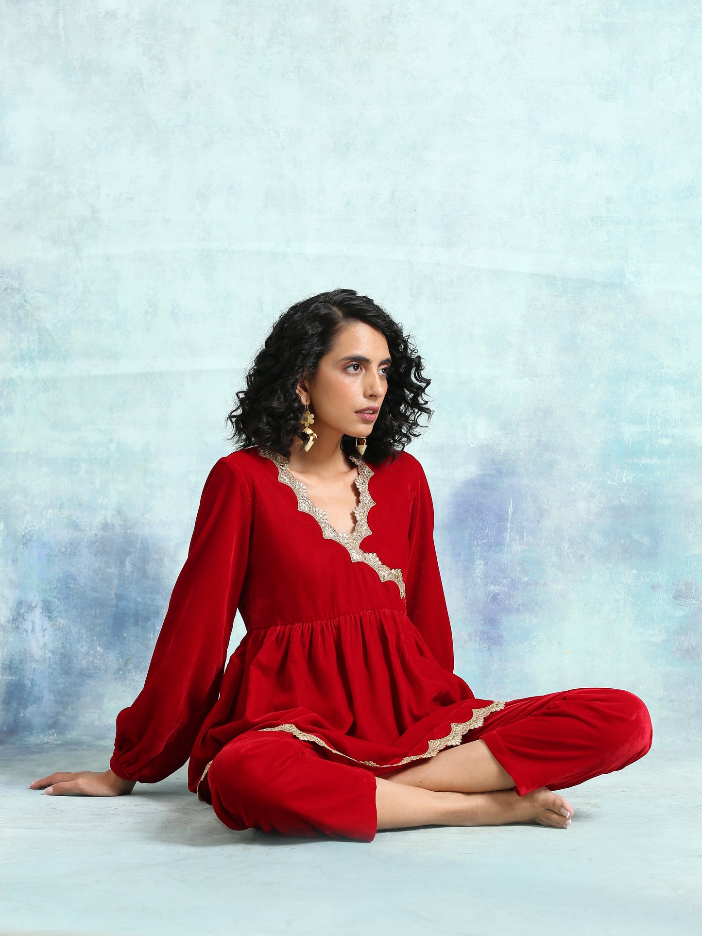 trueBrowns True Red Velvet Lace Co-Ord Set - Swadesiicart