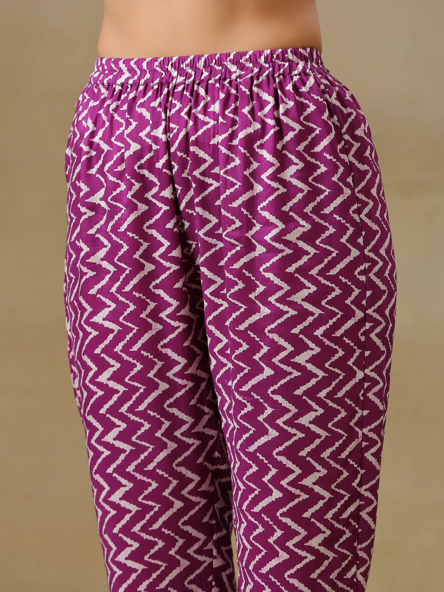 trueBrowns Purple Bandhani Printed Silk One Shoulder Kurta Pant Set | Swadesiicart