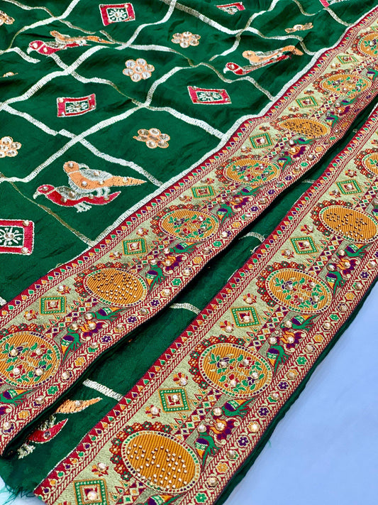 Lorenvalley Fashion Premium Green Vichitra Silk Embroidery and Diamond work Both Side Saree - Swadesiicart